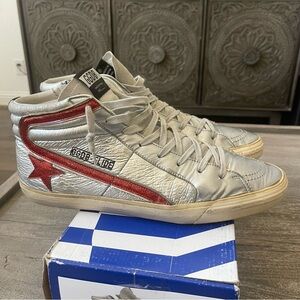 Golden Goose Silver Sneakers with Red Accent